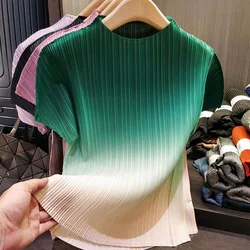 Summer New Women's Round Neck Folds Gradient T-shirt Ladies Causal Fashion Short Sleeve Pullover Tee Female Slim All-match Top