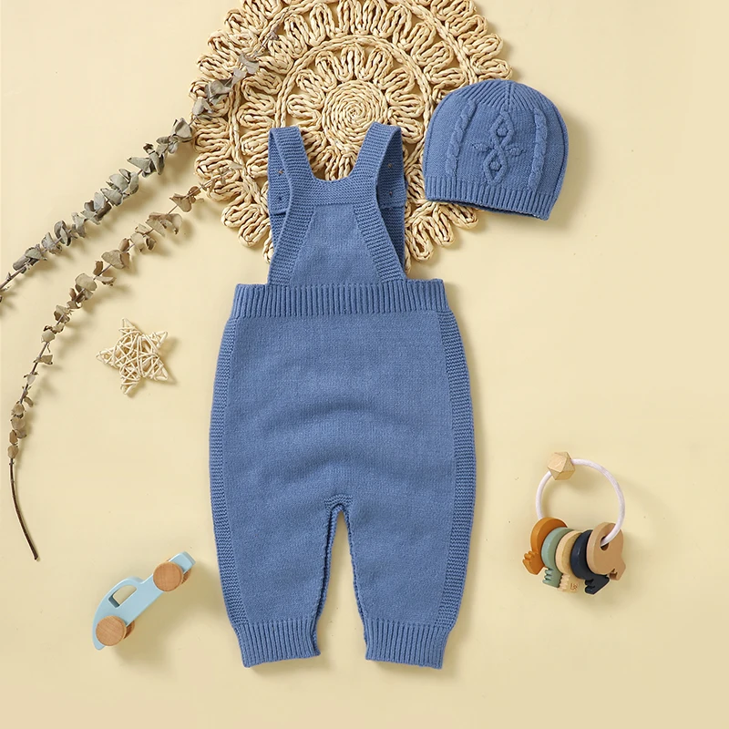 Newborn Baby Romper Knitted Infant Girl Boy Jumpsuit Outfits Sleeveless Toddler Children Clothing Hat Fashion Solid 2PC Overalls