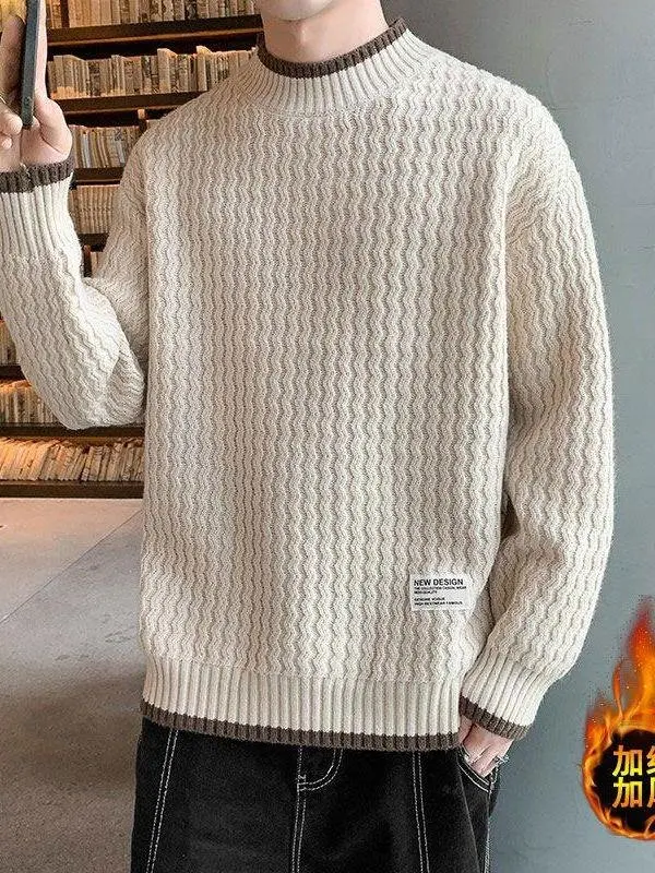 

Мужской вязаный свитер-поло с высоким воротом, утепленный флисом, теплый зимний модный базовый слой, стандартный крой, длинный рукав