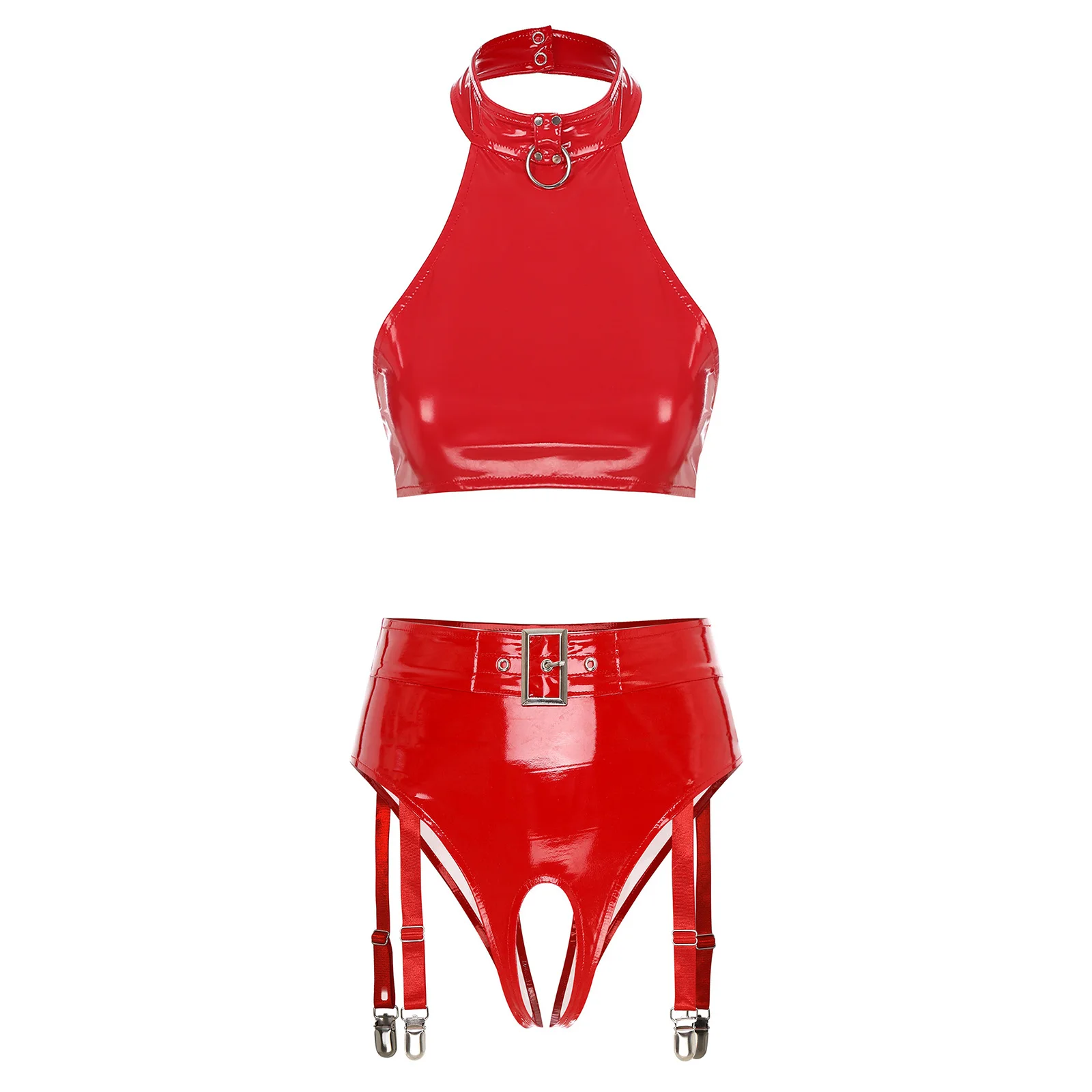 

Women PU Leather Lingerie Set Nightwear Wet Look O Ring Halter Backless Crop Vest Top with Open Crotch Panty and Garter Clips