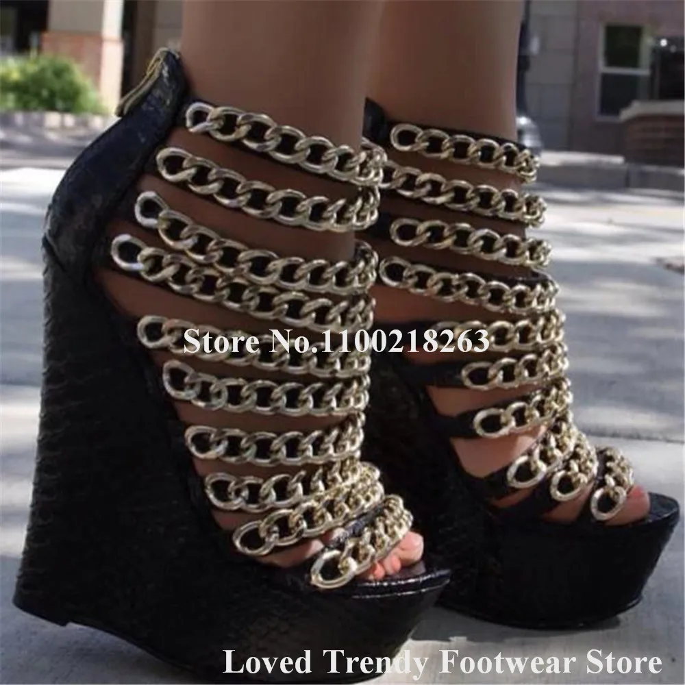 Fashion Metal Gold Chains Decorated Black Pink Wedge Sandals Open Toe Straps Back Zipper-up High Platform Wedges Dress Heels