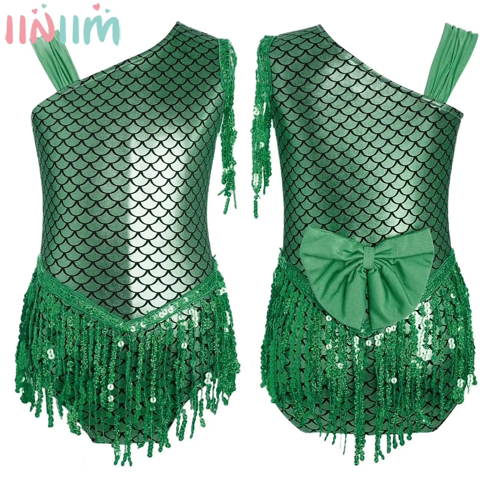 

Детский купальник для балета и танцев с блестящей рыбьей чешуей и блестками для девочек, карнавальный костюм русалки на Хэллоуин, гимнастическое боди для катания на коньках