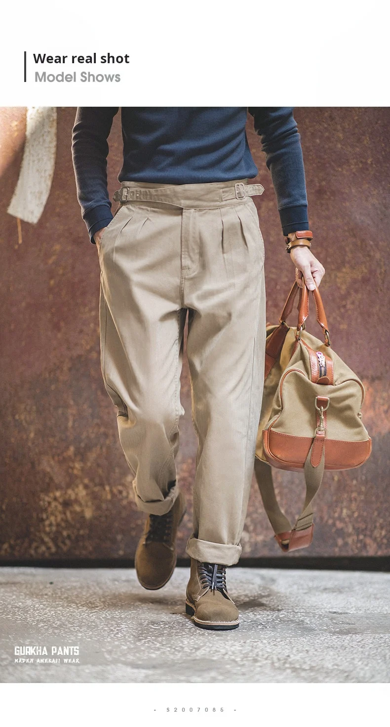 Maden Vintage Khaki Gurkha Hose, verstellbar, hohe Taille, lässige Cargo-Arbeitshose, klassische gerade Hose für Herren, Frühling und Herbst – Detail 15