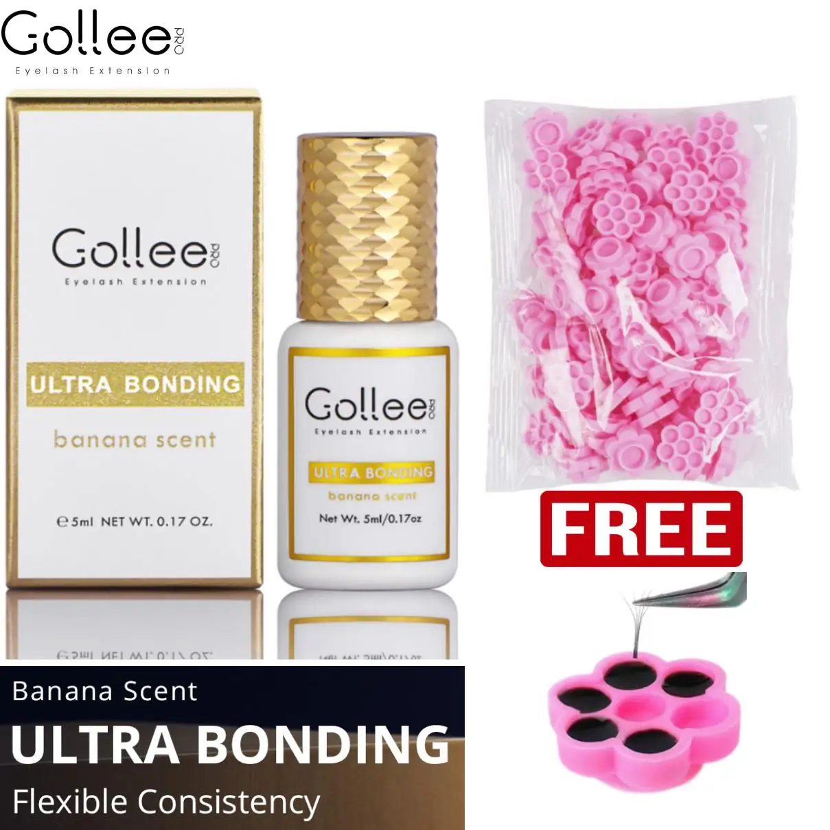 كوب مجاني Gollee رمش الغراء رائحة الموز 1-2s التجفيف السريع مقاوم للماء الغراء مراوح مسبقة الصنع الغراء 5 أسابيع لوازم دائمة بالجملة