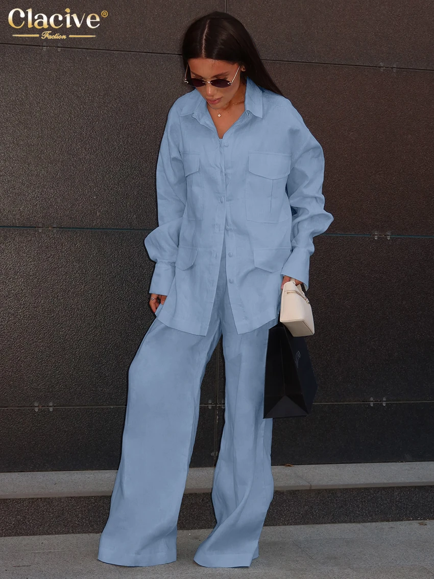 Clacive แฟชั่นหลวมผ้าลินินสีฟ้า 2 ชิ้นชุดผู้หญิงเสื้อแขนยาวเอวสูงกางเกงกว้างชุดหญิง Streetwear