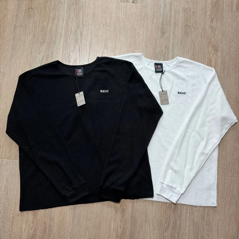 High-Quality Black White Saint Waffle-Pattern Embroidered Logo Men Women Loose-Fit Casual Long-Sleeve T-Shirt