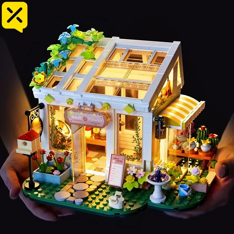 832PCS Building Blocks DIY Miniature Kit Sunshine Greenhouse Flower Shop STEM Educational Toys Puzzle with Lights Ideal Gifts
