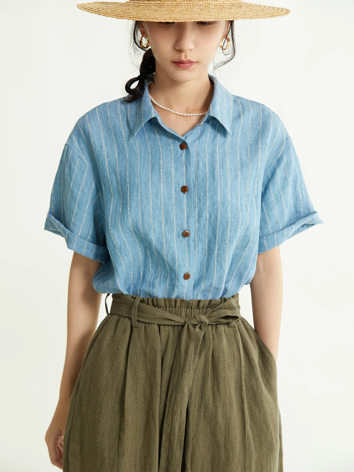 

Льняная рубашка Ertang 100% синяя в полоску, свободного кроя, с коротким рукавом, женская, уникальная, маленький размер, летняя, дышащая, стандартный крой, с воротником