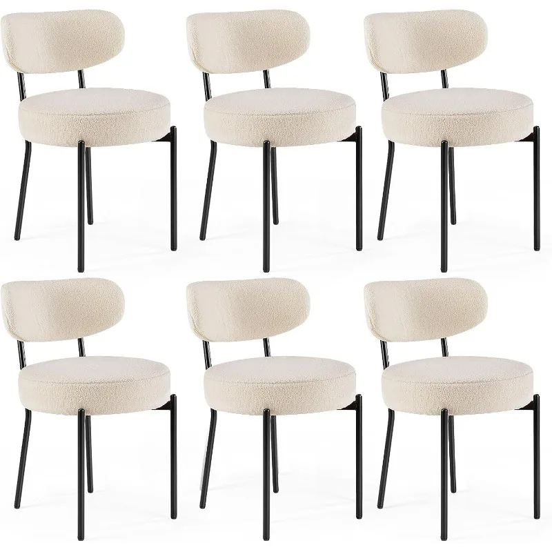 Boucle Upholstered Kitchen Chairs with Curved Backrest & Metal Legs, Mid Century Modern Round Dining Room Chairs for Vanity