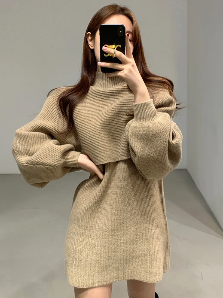 Temperament lantern sleeves new medium and long knitted two-piece set turtleneck suit vest dress women