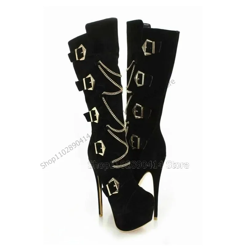

Metal Buckle Chain Decor Black Platform Boots Over The Knee Women Shoes Thin High Heels Novel Fashion 2023 Zapatos Para Mujere