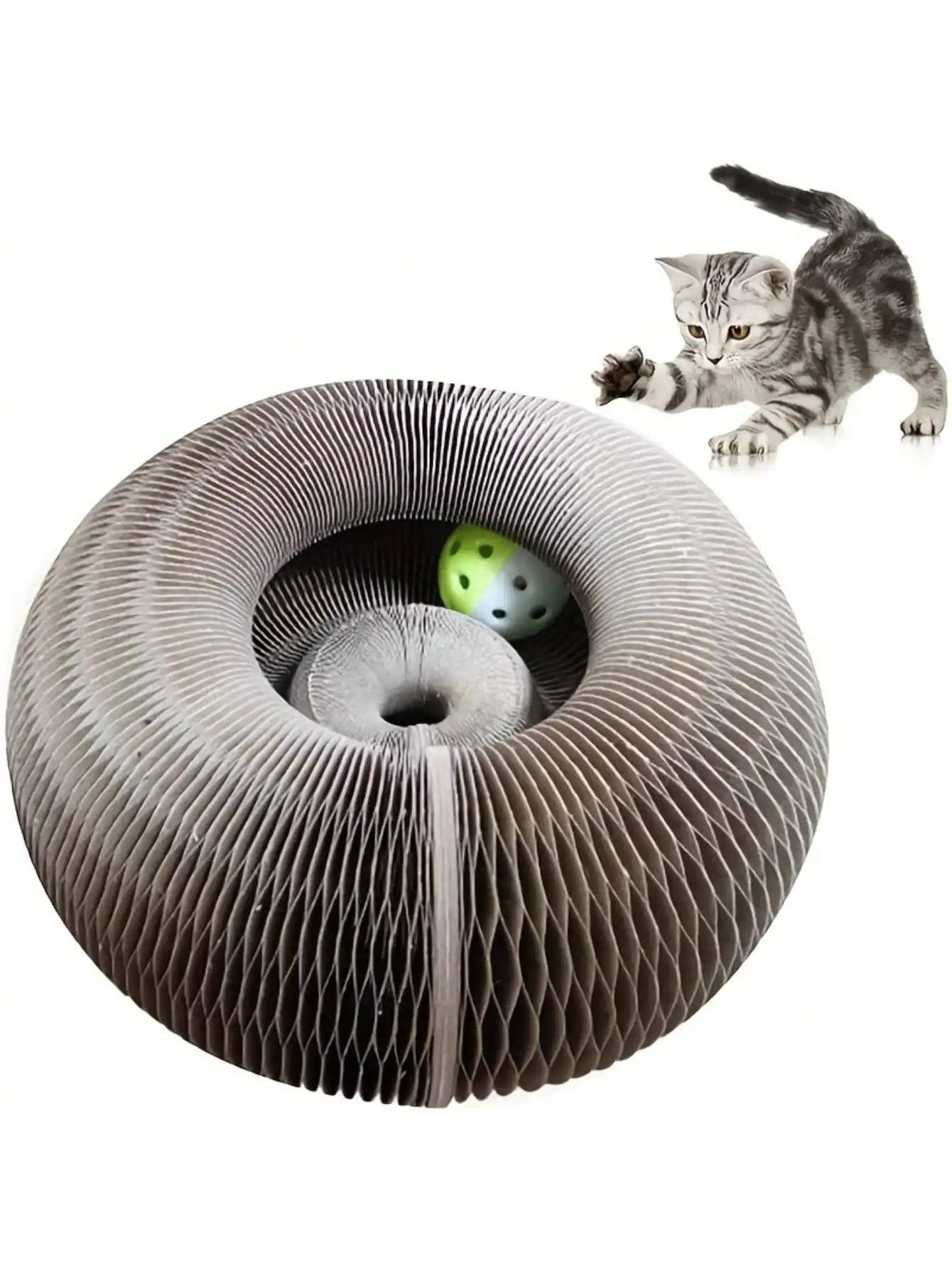 Accordion Cat Scratching Board. Durable corrugated paper. Strong magnet. Collapsible. With random color bell ball.