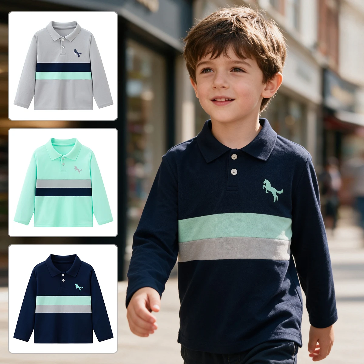3-Piece Children's Polo Long Sleeved Autumn Pony Print Casual Daily Versatile Top With Comfortable Collar For Boys And GirlsSame