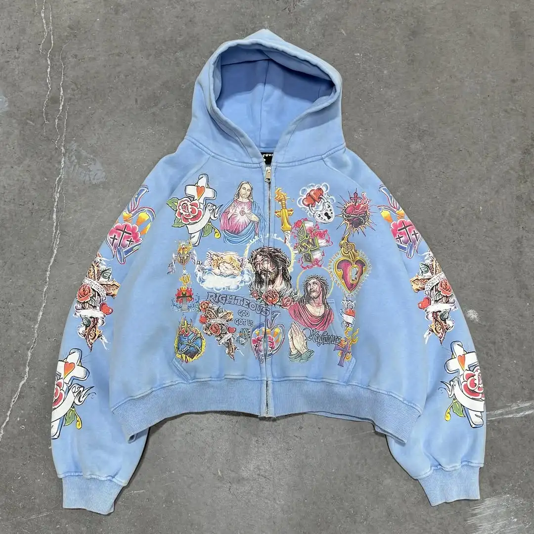 Sudadera con capucha para hombre, ropa informal estilo Hip Hop, color azul, estampado gráfico de dibujos animados, informal de gran tamaño, moda Y2K, jersey de estilo urbano
