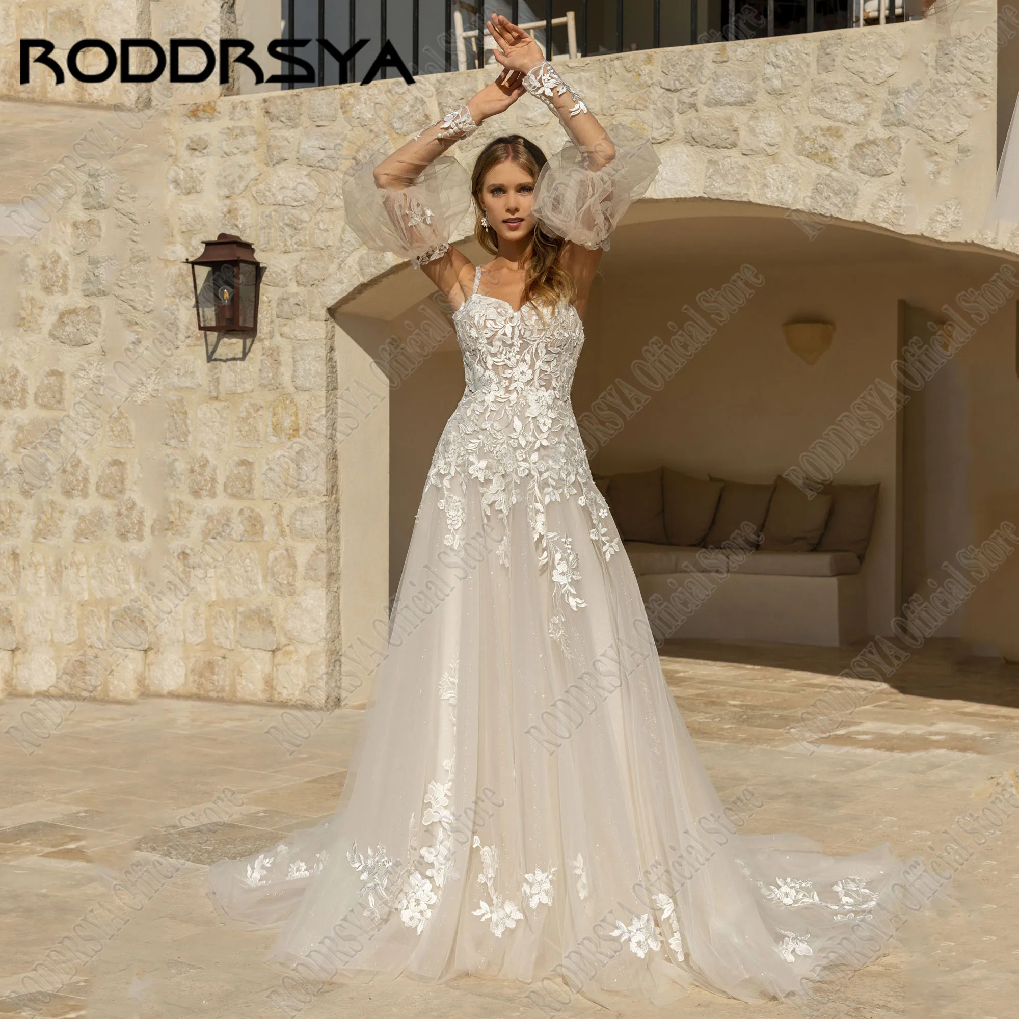 

RODDRSYA Sparkly A Line Wedding Dress Women Straps Applique Puff Sleeves Bride Gowns Lace Sweetheart Bridal Dresses Custom