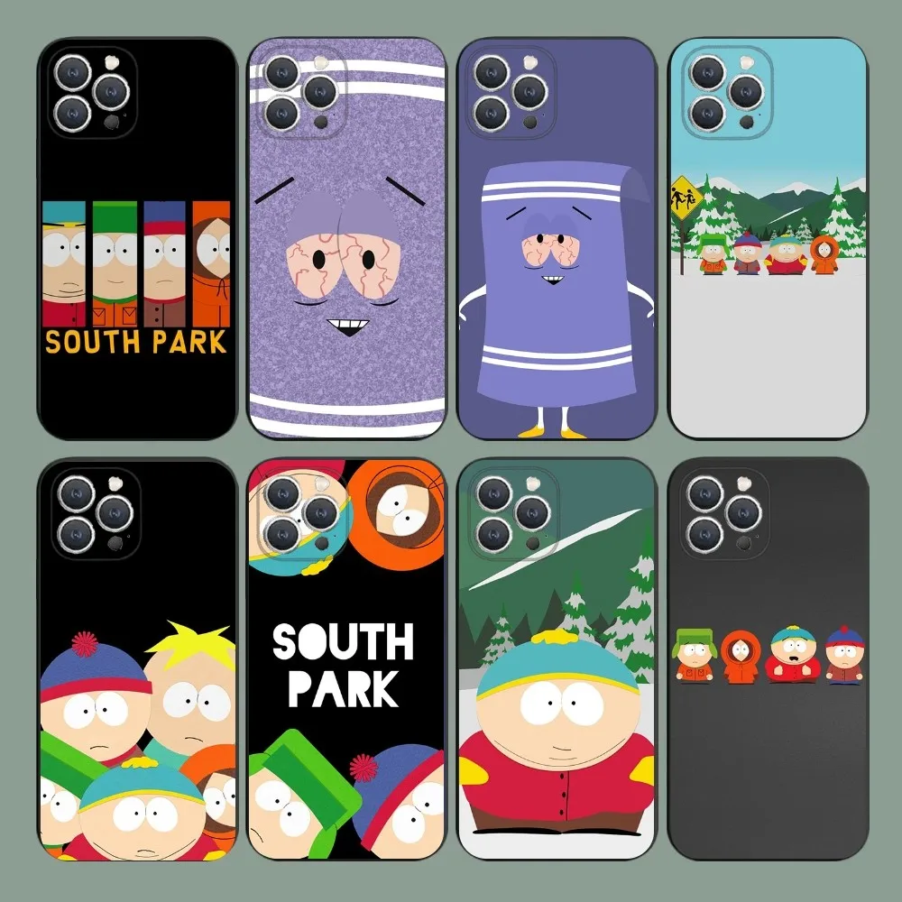 Cartoon S-South P-Park Phone Case For iPhone 15,14,13,12,11,Plus,Pro Max,XS,X,XR,SE,Mini,8,7 Soft Silicone Black Cover