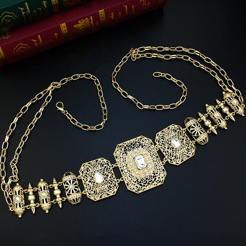 Sunspicems Gold Color Metal Morocco Waist Chain Belt For Women Caftan Square Belt Crystal Bride Wedding Jewelry Arab Body Chain