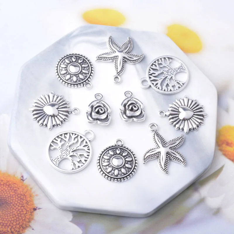 10 Stück/Set Ethnische Zinklegierung Baum des Lebens Anhänger Schmuckzubehör Boho Rose Seestern Anhänger DIY Damenohrringe – Detail 5