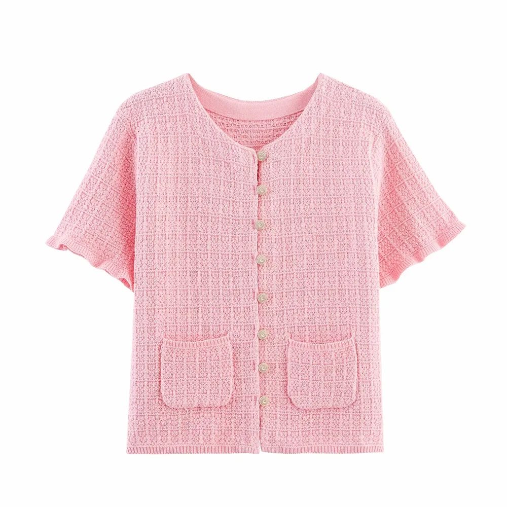 Veste cardigan tricotée décorative pour femmes, col rond, manches courtes, simple boutonnage, couches, nouvelle collection