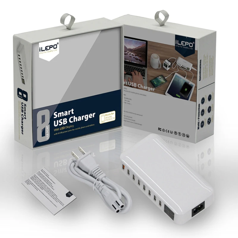 محطة شحن USB 8 منافذ 40 وات/60 وات شحن سريع مع شاحن سطح المكتب بشاشة LED لأجهزة متعددة iPhone Samsung