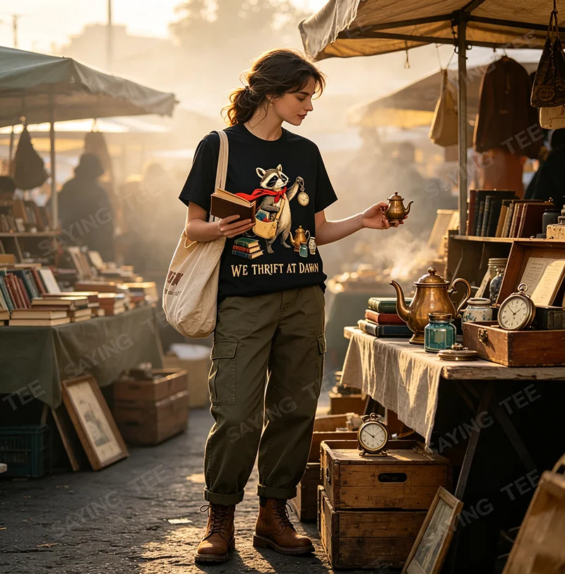 We Thrift At Dawn Thrifting Lover Mittelalterliches Waschbär-T-Shirt Y2k Antik-Sammler Schatzsucher Grafik-Bekleidung Vintage-T-Shirt – Detail 7