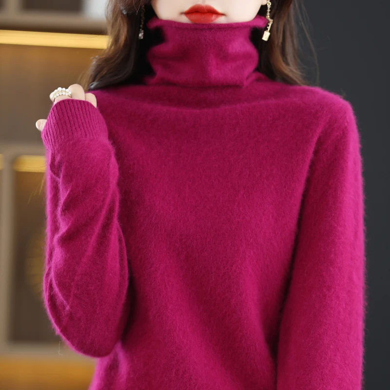 2024 Autumn/Winter New Mink Cashmere Women\'s Sweater Stacked Collar Hoodie Loose Large High Collar Knitted Warm Long Sleeve