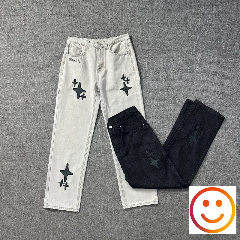 

Embroidery Stars Pattern Black Gray Broken Planet Jeans Trousers 2024 Men Women Hip Hop Street Casual Denim Cowboy Pants