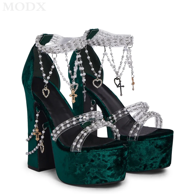 Green Suede Platform Chunky High Heels 2024 Summer Girls Pearl Chain Decor All-match Sandals Fashion Sexy Runway Nightclub Shoes