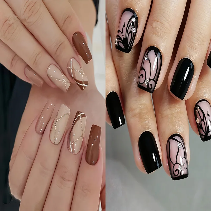 

24pcs Brown/Black Square False Nails Art Glitter Lines Design Full Cover Nail Tips Ballet Fake Nail Wearable Press on Nails