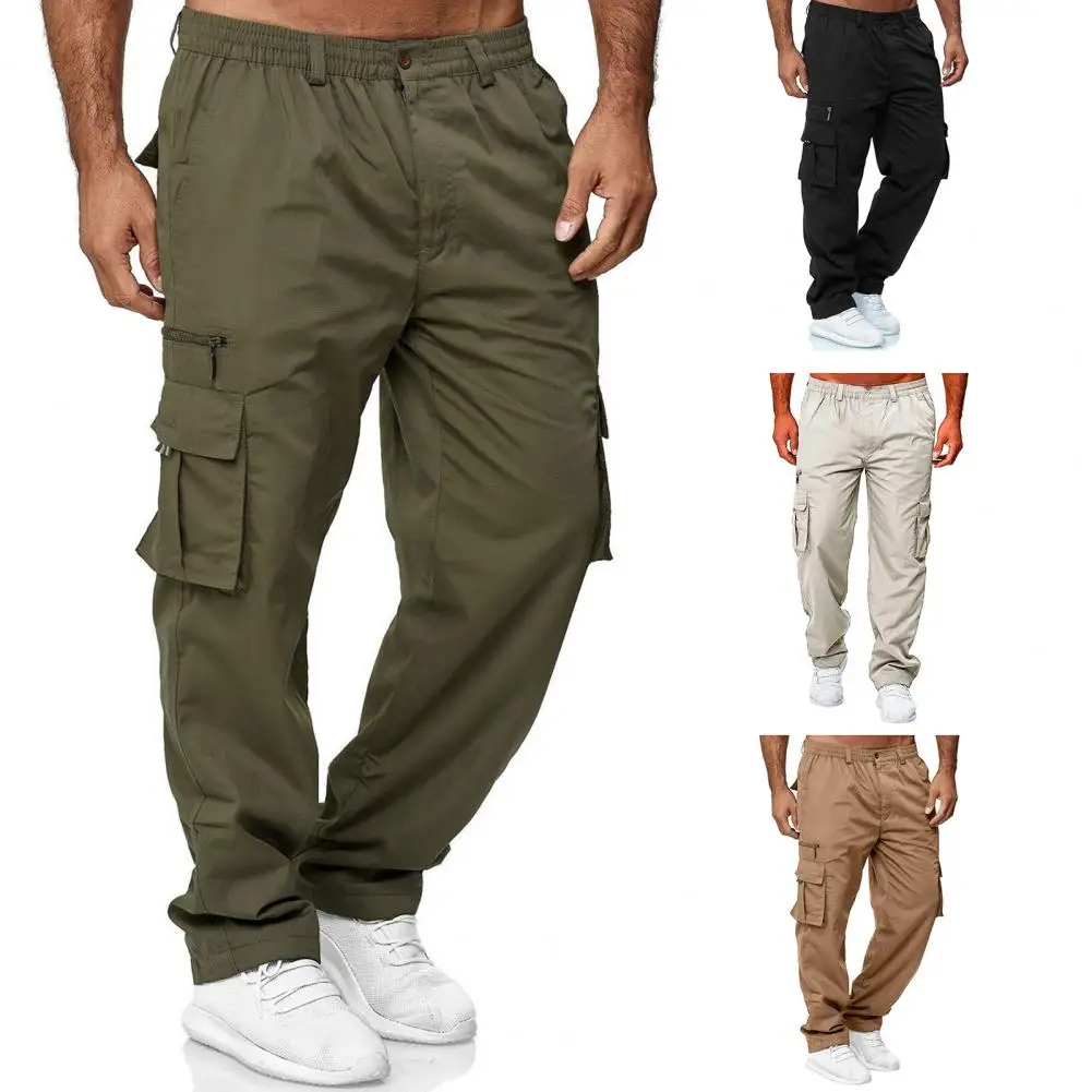 Reinforced Pocket Pants Men's Elastic Waist Cargo Pants with Multi Pockets Straight Leg Sweatpants Stretchy Slacks for Street