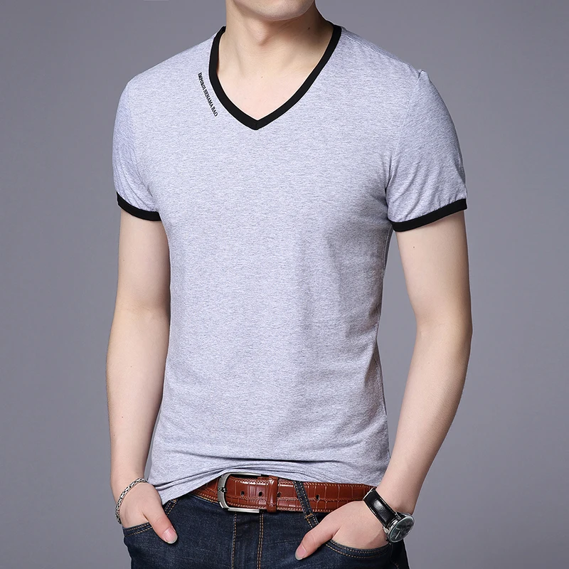 

New Mens T Shirts Fashion Summer V-Neck Slim Fit Short Sleeve T Shirt Men Mercerized Cotton Brand-Clothing Casual Men T-Shirt