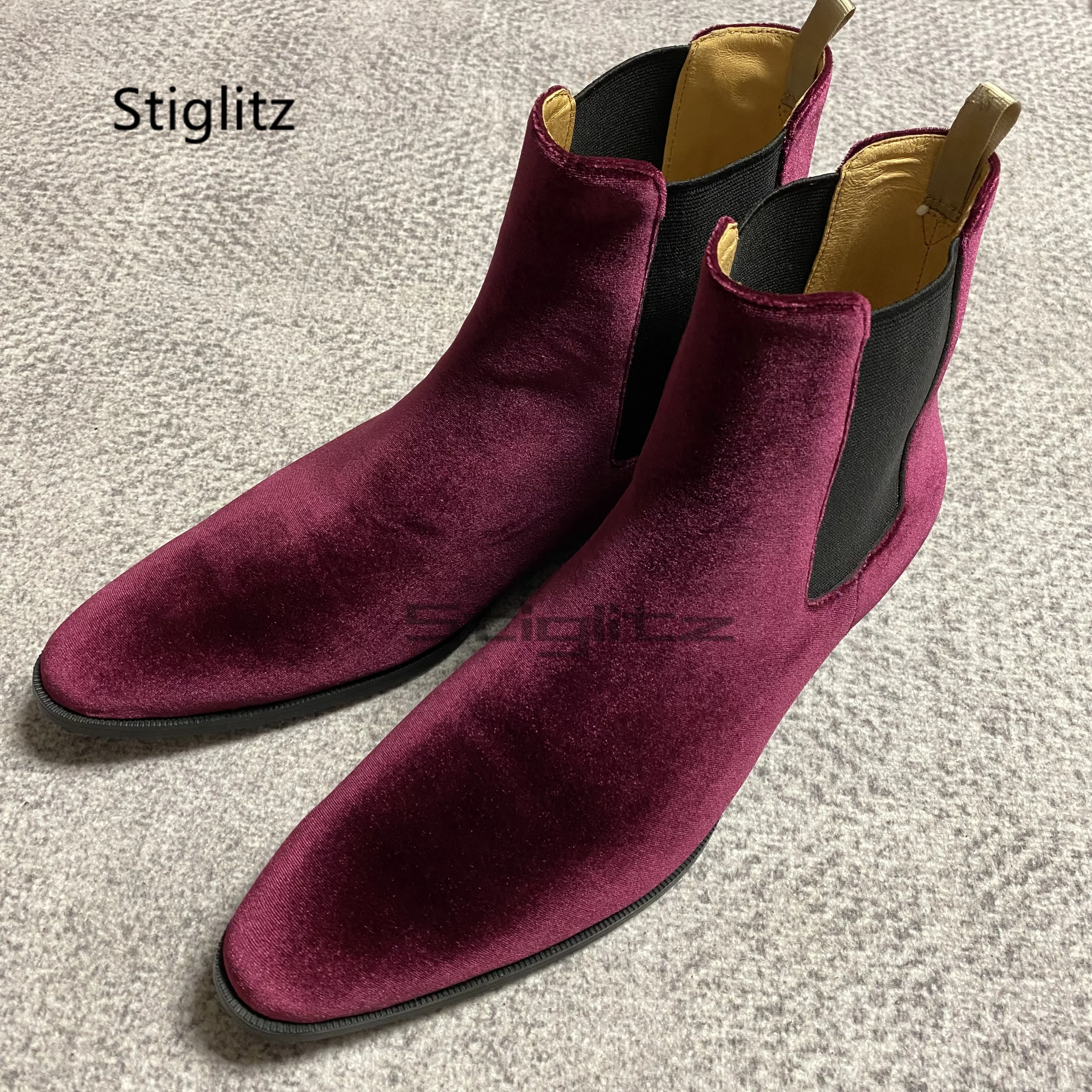 

Винно-красные бархатные ботинки челси для мужчин, эластичные ботинки до щиколотки с острым носком, весенне-осенние новые модные мужские деловые модельные туфли