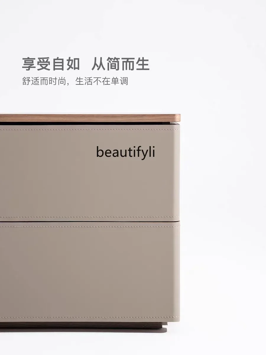 

zxqItalian Minimalistic Designer Solid Wood Bedside Cabinet Saddle Leather Walnut Household Bedroom Storage Bed Side Cabinet