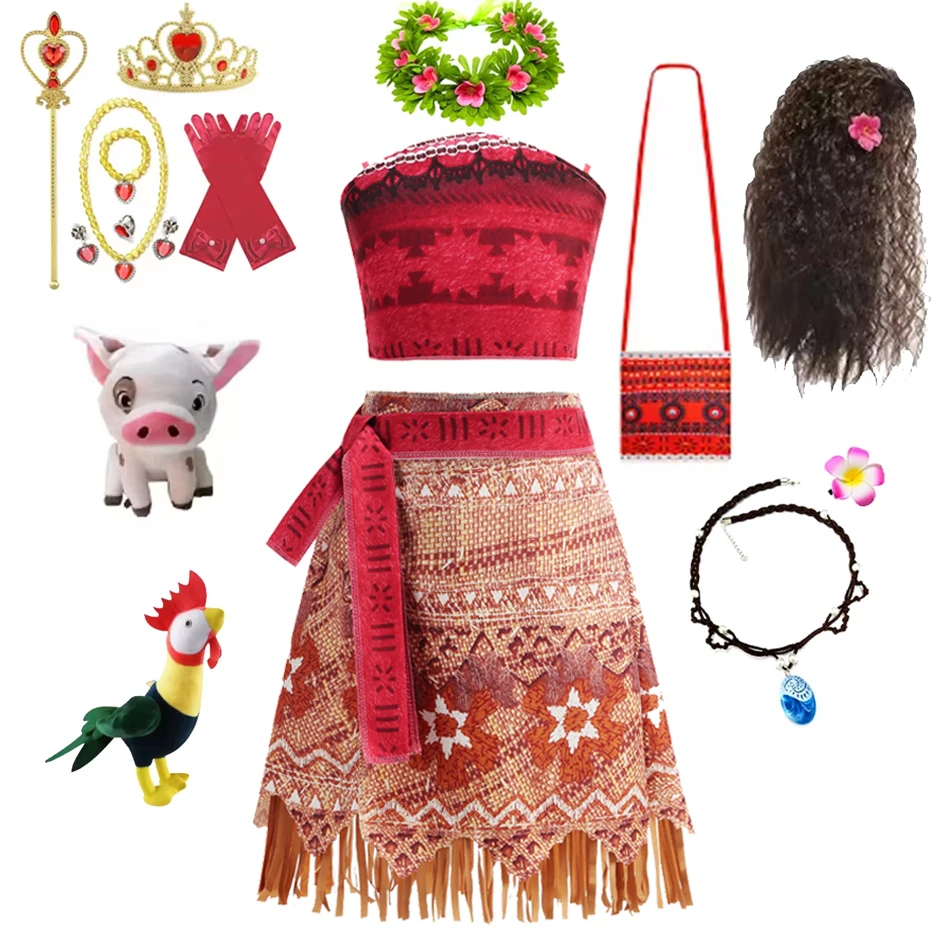 Платье Моаны Диснея для девочек, косплей принцессы Vaiana, карнавальный детский головной убор на день рождения, ожерелье, комплект для домашних животных, свиньи и курицы