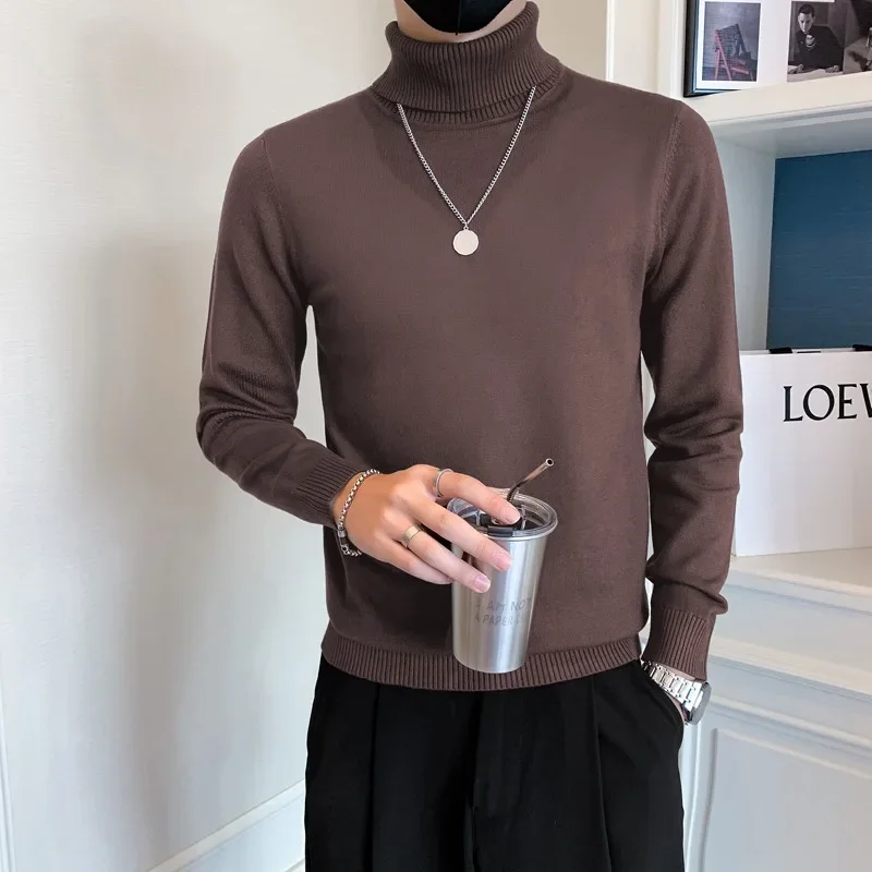 

2024 Autumn and Winter New Solid Color Two Fold High Collar Slim Knitted Sweater Bottom Shirt Thread Clothes Men