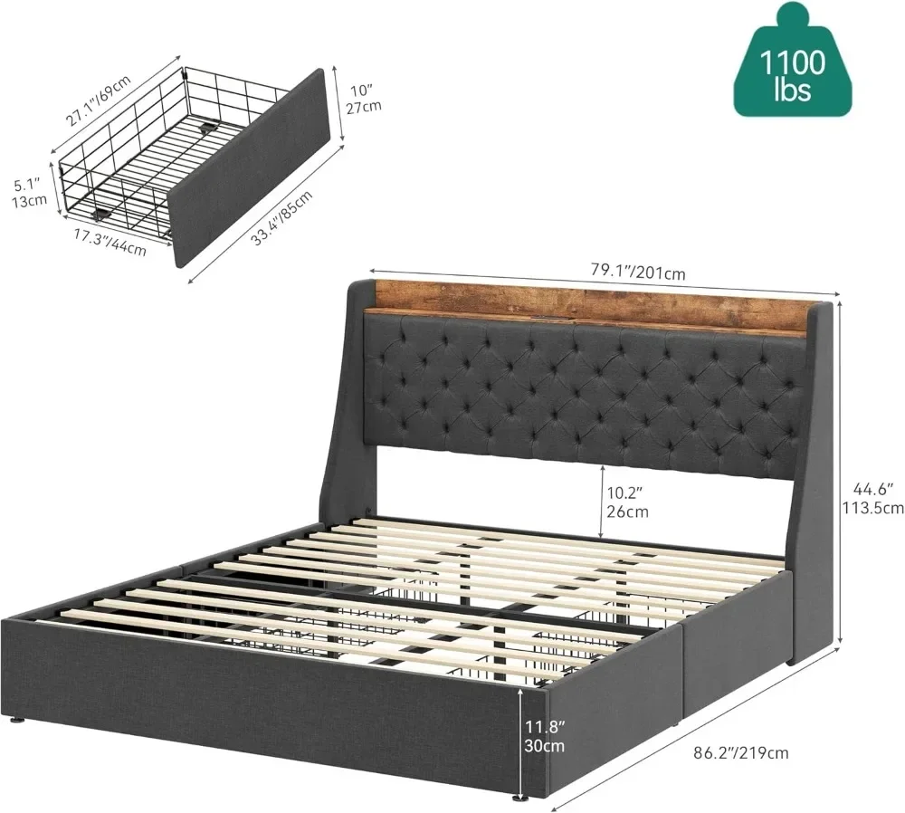 Cama king size Frame com gavetas do armazenamento, plataforma estofada, cabeceira 4, Wingback, ZL