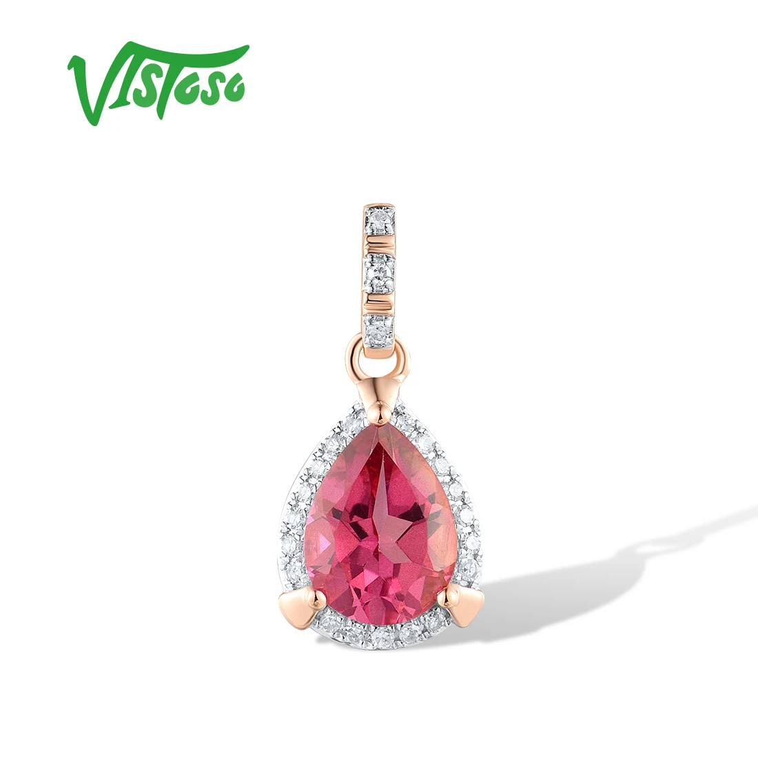 

VISTOSO Authentic 14K 585 Rose Gold Pendant For Women Sparkling Diamond Pink Topaz Pear Simple Wedding Delicate Fine Jewelry