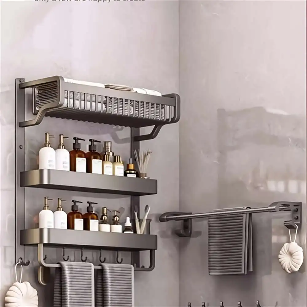 1 Piece 3-Layer Bathroom Space Towel Rack With Shampoo Bottle Mouthwash Cup 3-Layer Rack Bathroom Pole With Hook