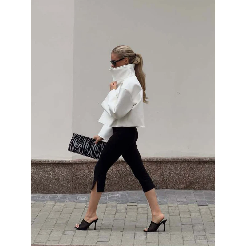 Beige Croc Leather Cropped Jacket Y2k Stand Collar Long Sleeve Wide Cuff Oversize Coat 2026 Autumn Street Daily Casual Outerwear