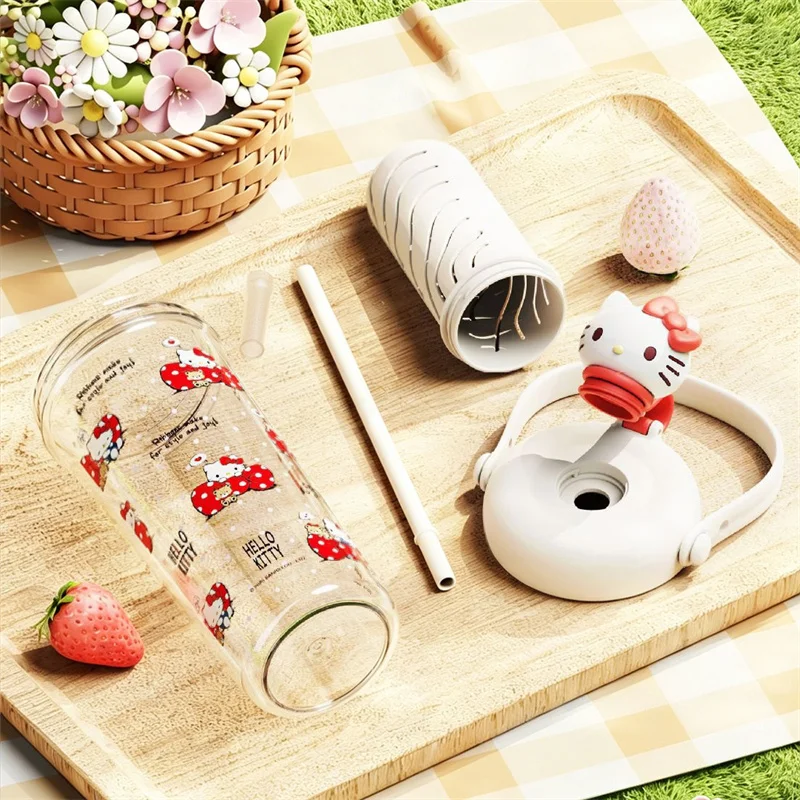 X&W Sanrio Fruit Tea Water Bottles 750ML Hello Kitty Kuromi Transparent Straw Cup With handle Outdoor Travel Cups Students Girls view 4