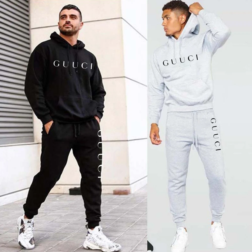 Fashion Suit Men\'s Hoodie Solid Color Printing Sweater Set Leisure Hooded Jogging Hoodies+Sweatpants 2 Piece Outfit Tracksuit