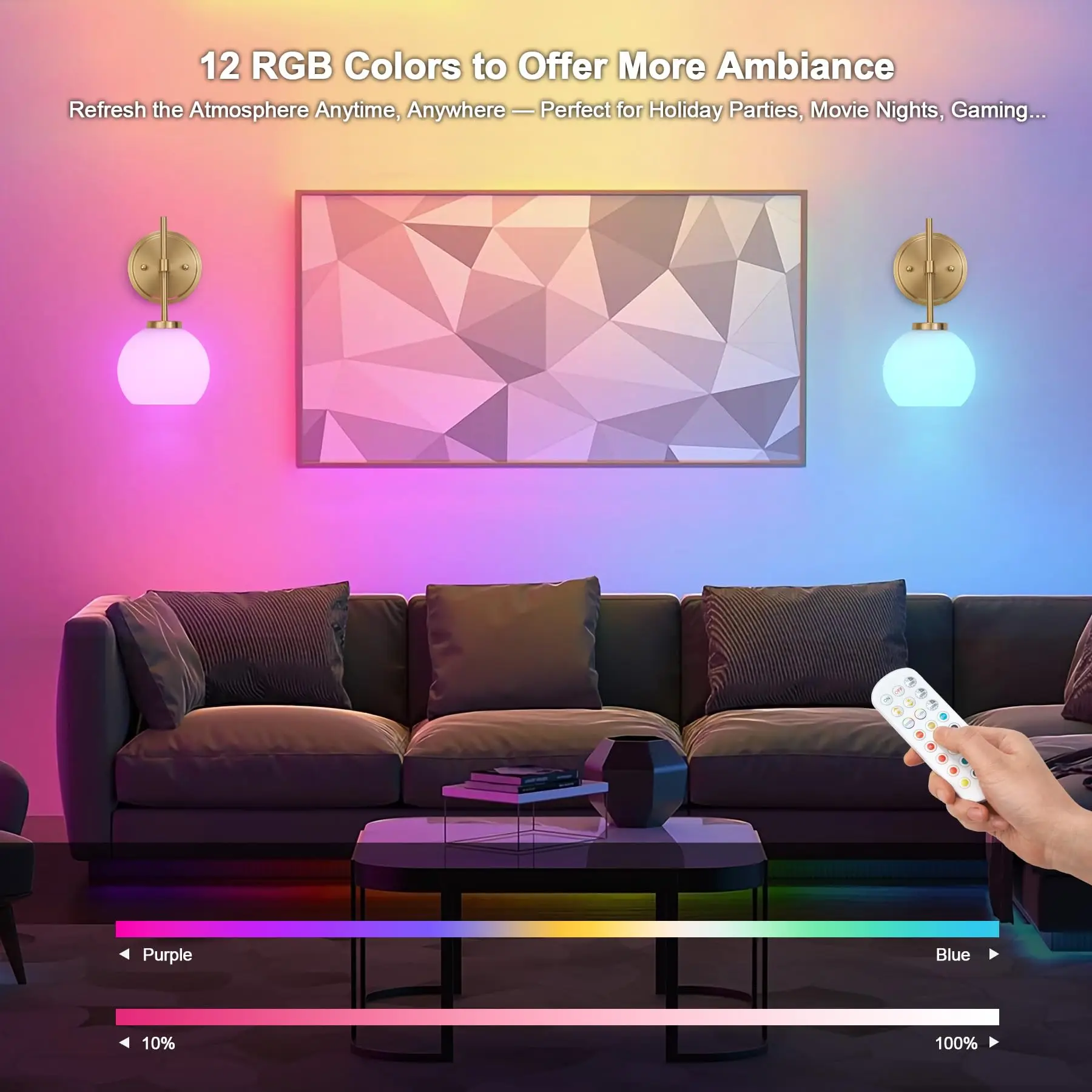 Gold Wireless Rechargeable Wall Sconces with Remote Control, RGB Battery Operated Wall Sconce Set of 2, LED Dimmable Wall Lights