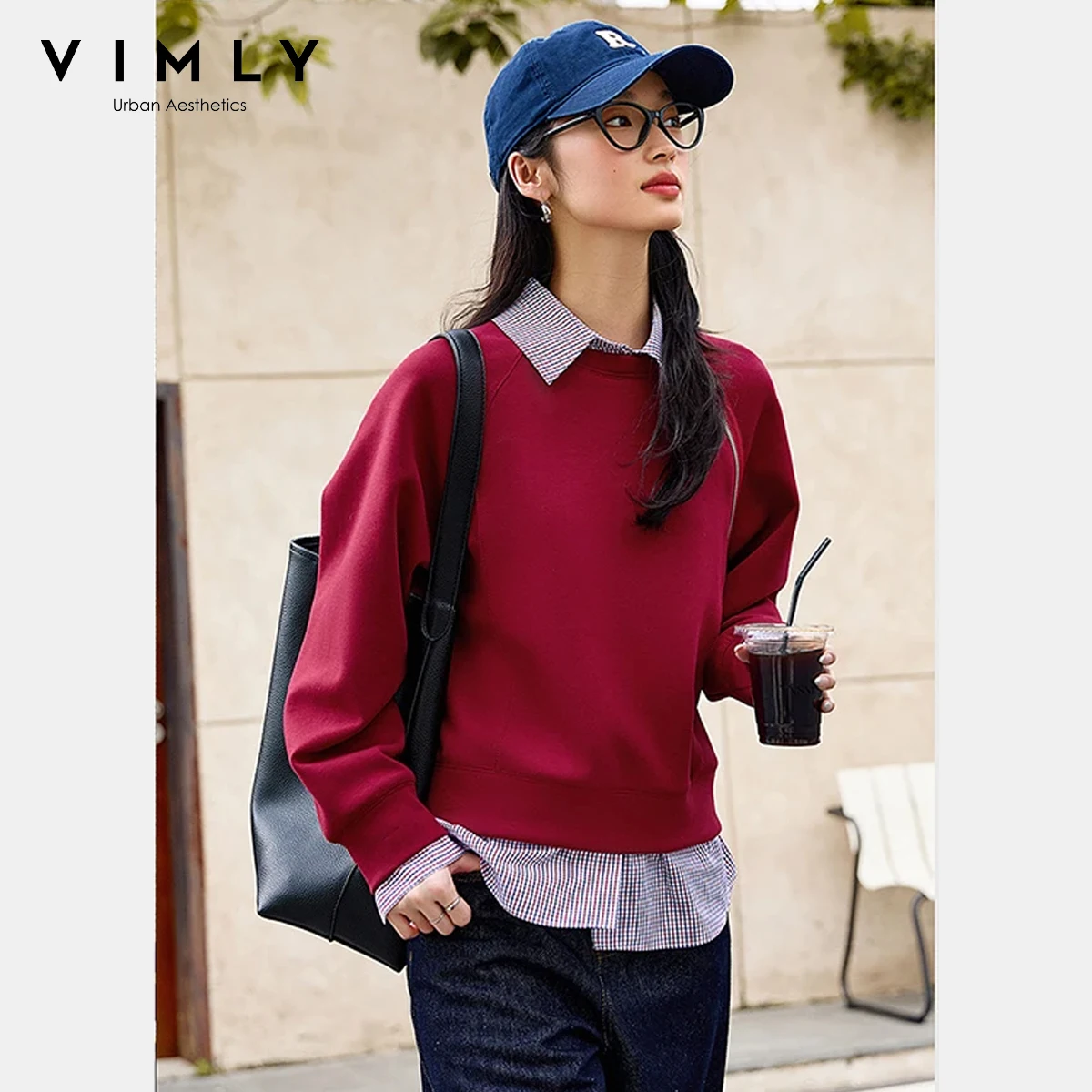 

VIMLY Mock Two-piece Sweatshirts Women 2025 Autumn Oversized Preppy Long-Sleeve Top Zipper Pullovers Women's Clothing M8359