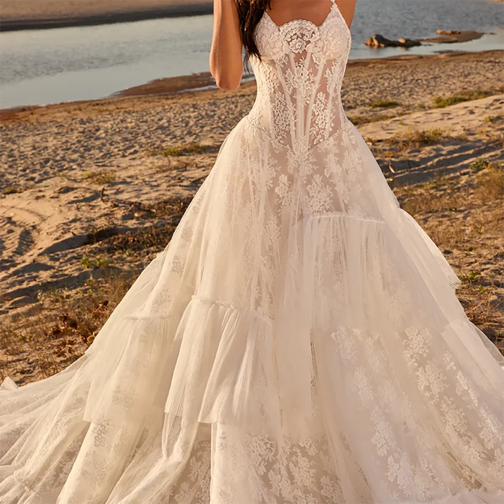 Vestidos de novia de corte en A plisados con cordones sin mangas de encaje de lujo vestidos de novia personalizados