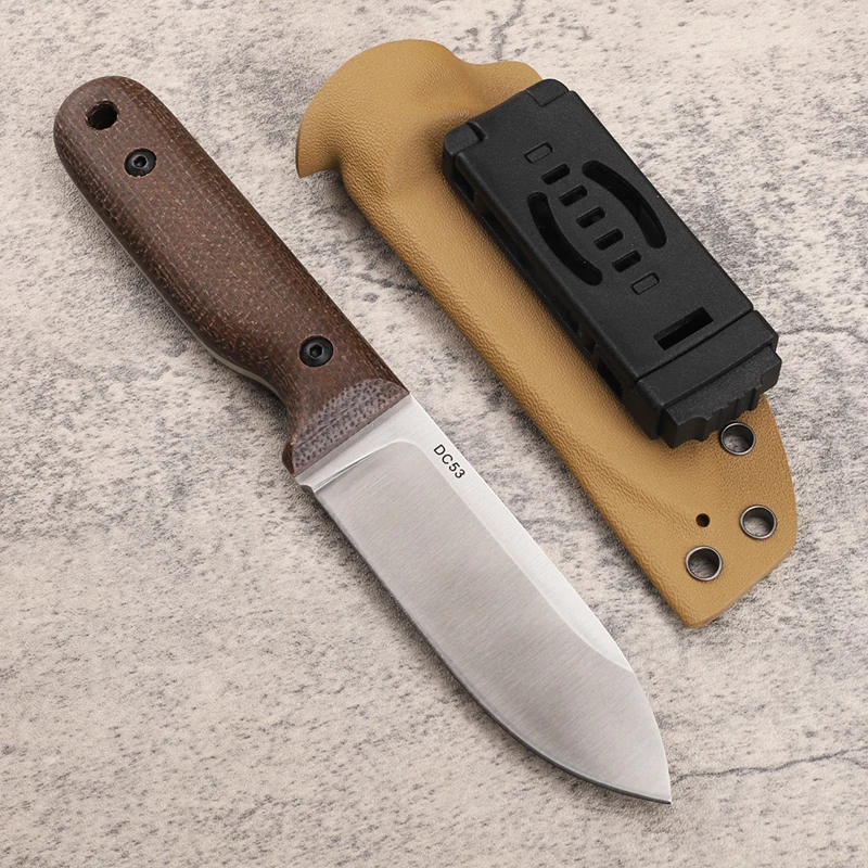 Hot selling new DC53 steel linen handle outdoor fixed camping self-defense EDC survival small straight knife