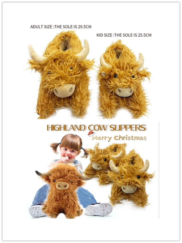 Highland Cattle Slippers Scottish Cow Slippers Brown Home Kawaii Plush Anime Slipper Winter Warm Adult Kid Slides Stuffed Animal