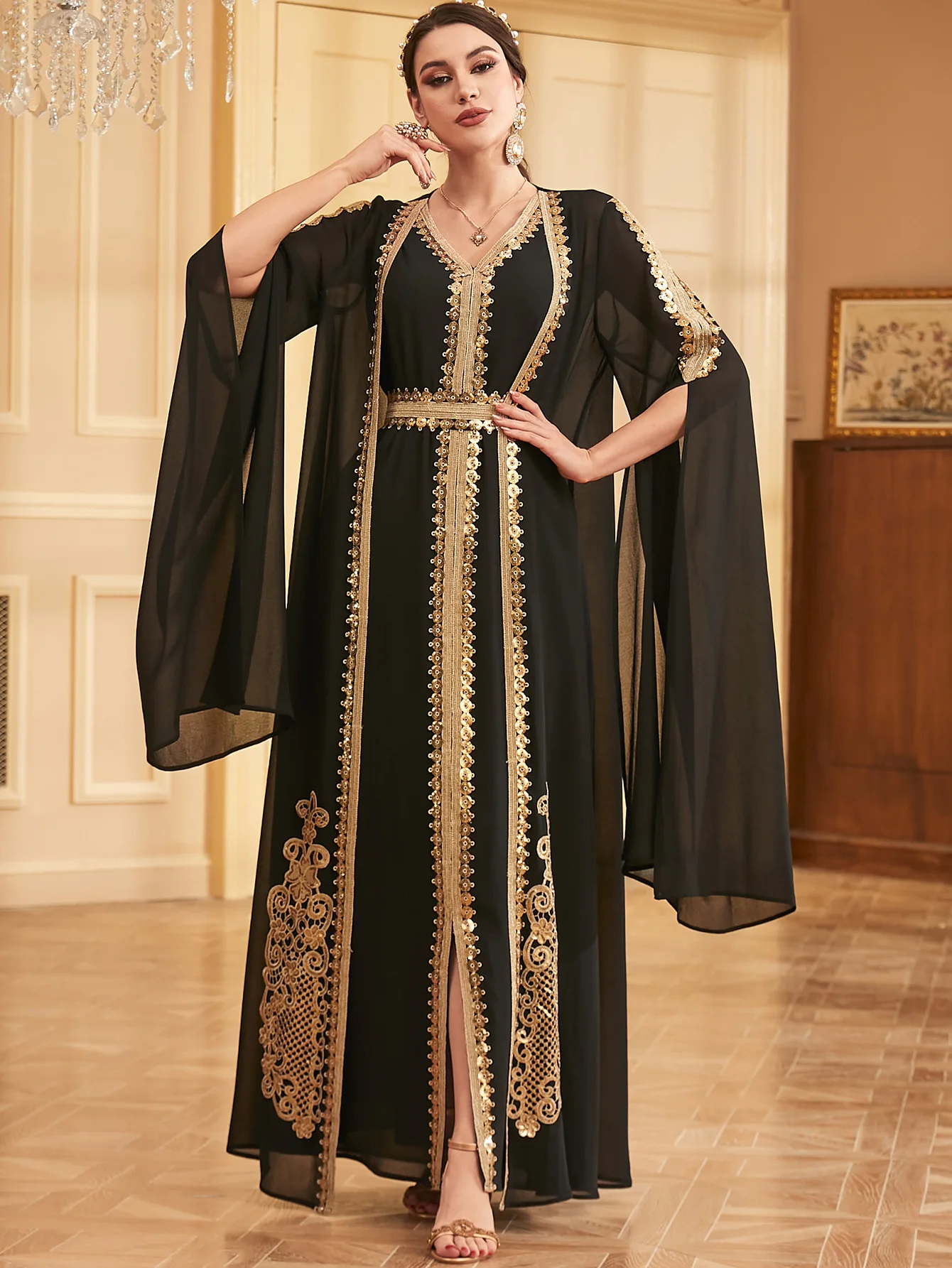 

Dubai Embroidery Open Kimono Abaya Vest Dress Set Muslim Women Party Dresses Kaftan Islam Clothing Evening Arab Djellaba Caftan