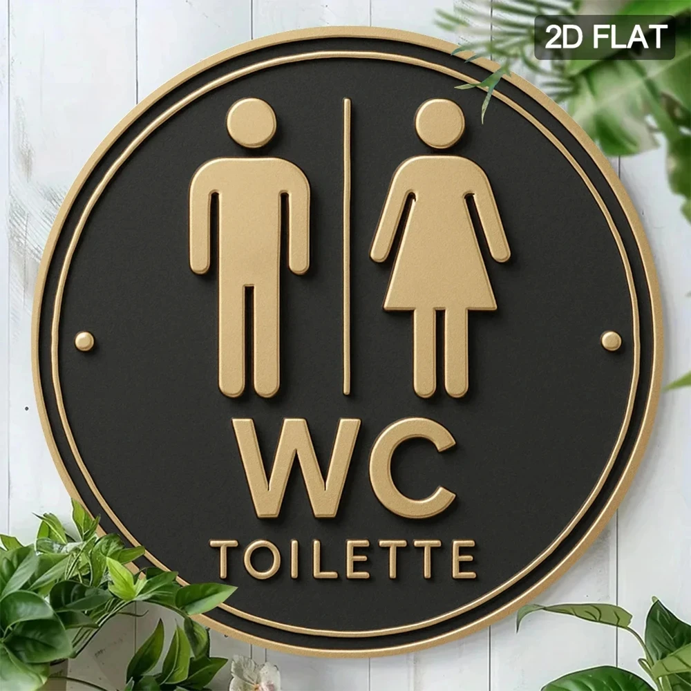 2D Flat Round Black Gold WC Toilet Sign Bathroom Restroom Door Plaque Men Women Washroom Wall Decor for Cafe Hotel Restaurant