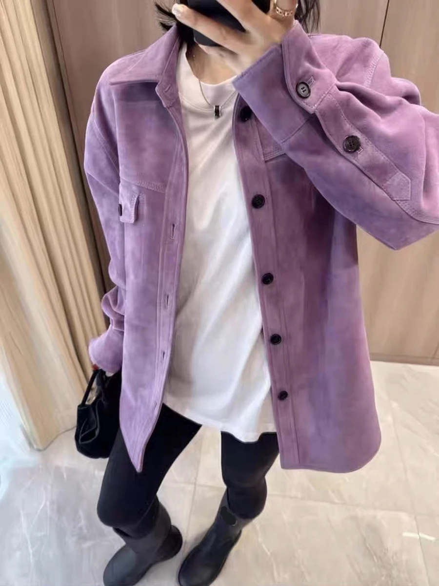 Kurtka damska w stylu retro z owczej skóry, brązowa, na rok 2025, modny dziecięcy płaszcz z zamszu, streetwear, damska kurtka w stylu koszuli z kołnierzem.