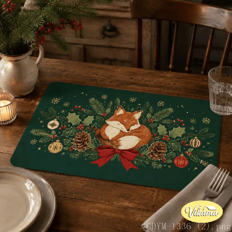 VIKAMA Christmas Cute Fox Placemat Red Scarf Berry Table Mat Dining Kitchen Holiday Home Decor Aesthetic Art Large Premium Cute